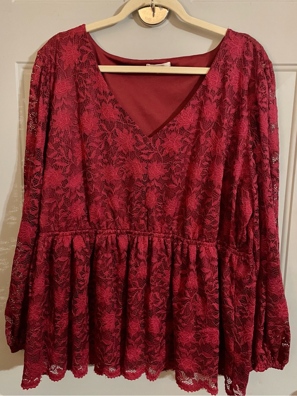 Maurices Burgundy Lace Peplum V-Neck Top